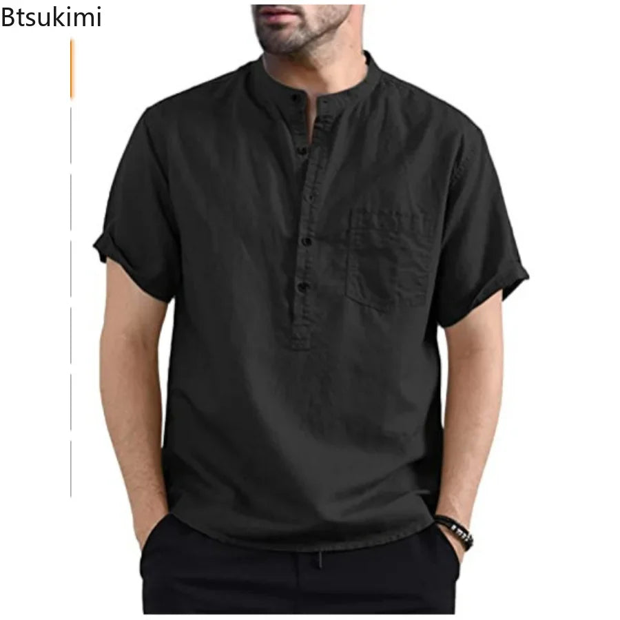 https://ae01.alicdn.com/kf/S313084ce92894c6d84d8d771a97150ddb/2024-Men-s-Summer-Short-Sleeve-Casual-Shirts-Solid-Cotton-Linen-Button-Neck-Blouse-Top-Male.jpg