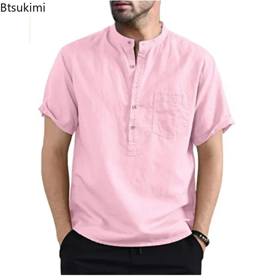 https://ae01.alicdn.com/kf/S9fdaa23cca284cf59433ce8657ba1448i/2024-Men-s-Summer-Short-Sleeve-Casual-Shirts-Solid-Cotton-Linen-Button-Neck-Blouse-Top-Male.jpg