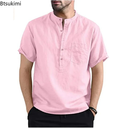 https://ae01.alicdn.com/kf/S9fdaa23cca284cf59433ce8657ba1448i/2024-Men-s-Summer-Short-Sleeve-Casual-Shirts-Solid-Cotton-Linen-Button-Neck-Blouse-Top-Male.jpg
