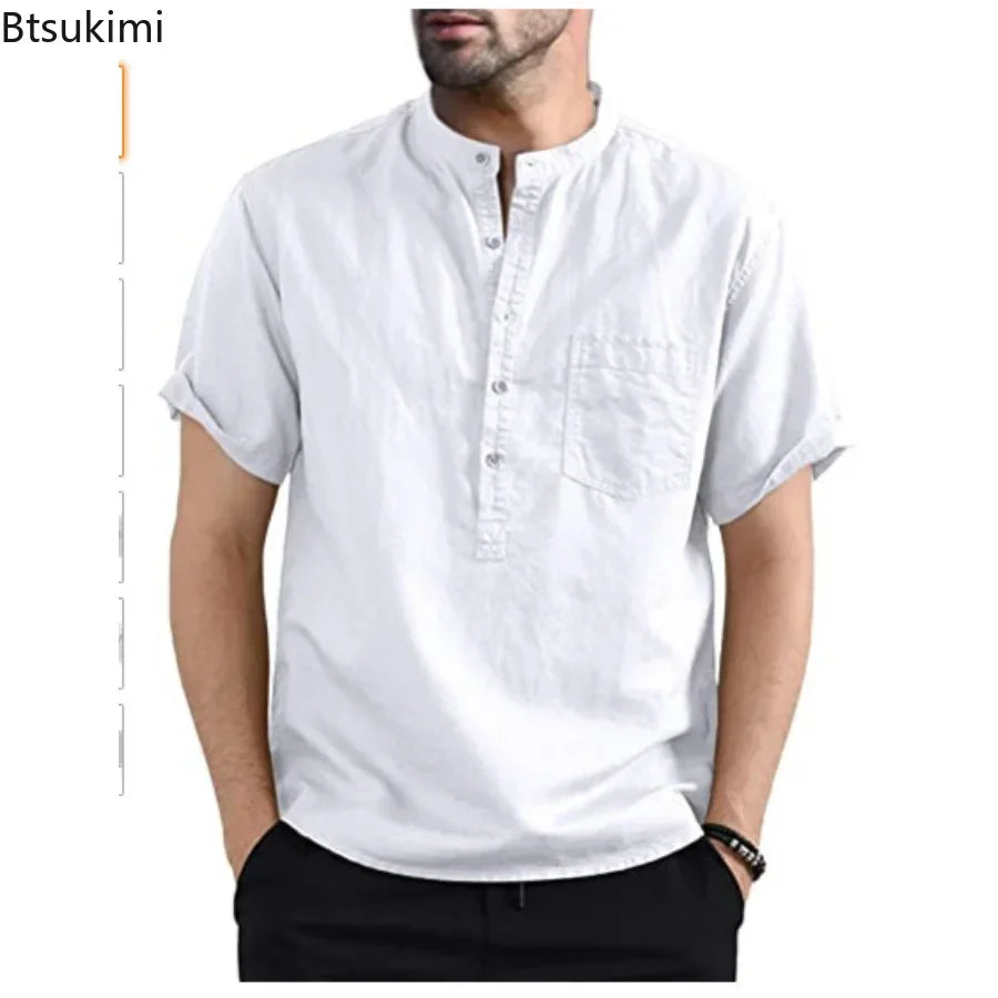 https://ae01.alicdn.com/kf/S150080bb897e422dbe924e2283dfcd0fI/2024-Men-s-Summer-Short-Sleeve-Casual-Shirts-Solid-Cotton-Linen-Button-Neck-Blouse-Top-Male.jpg