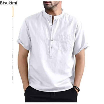 https://ae01.alicdn.com/kf/S150080bb897e422dbe924e2283dfcd0fI/2024-Men-s-Summer-Short-Sleeve-Casual-Shirts-Solid-Cotton-Linen-Button-Neck-Blouse-Top-Male.jpg
