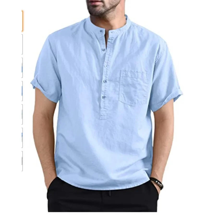 https://ae01.alicdn.com/kf/Sce60ec61a6ce4b8c995e453414f7f500v/2024-Men-s-Summer-Short-Sleeve-Casual-Shirts-Solid-Cotton-Linen-Button-Neck-Blouse-Top-Male.jpg