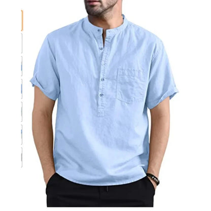 https://ae01.alicdn.com/kf/Sce60ec61a6ce4b8c995e453414f7f500v/2024-Men-s-Summer-Short-Sleeve-Casual-Shirts-Solid-Cotton-Linen-Button-Neck-Blouse-Top-Male.jpg