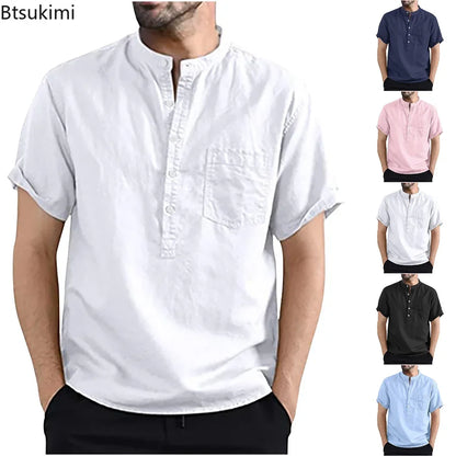 https://ae01.alicdn.com/kf/S755566867bca4504934f91248839b1e0U/2024-Men-s-Summer-Short-Sleeve-Casual-Shirts-Solid-Cotton-Linen-Button-Neck-Blouse-Top-Male.jpg