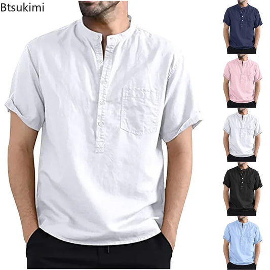 https://ae01.alicdn.com/kf/S755566867bca4504934f91248839b1e0U/2024-Men-s-Summer-Short-Sleeve-Casual-Shirts-Solid-Cotton-Linen-Button-Neck-Blouse-Top-Male.jpg