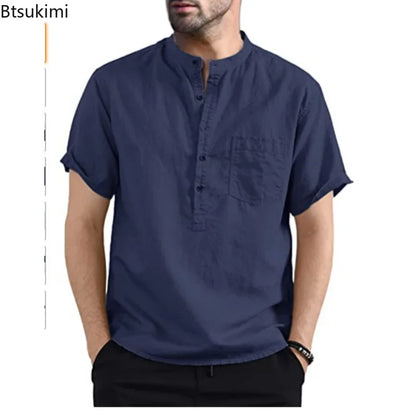 https://ae01.alicdn.com/kf/S88ea279a54f84e20b50a4d97c1ea9817N/2024-Men-s-Summer-Short-Sleeve-Casual-Shirts-Solid-Cotton-Linen-Button-Neck-Blouse-Top-Male.jpg