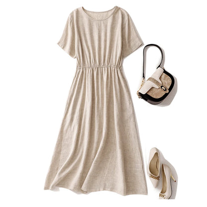 https://ae01.alicdn.com/kf/S78e3c0f452eb4d469e94088ca1f1a283W/Solid-Color-Cotton-Linen-Short-sleeved-Round-Neck-dress-Waist-Women-s-Summer-New-Korean-style.jpg