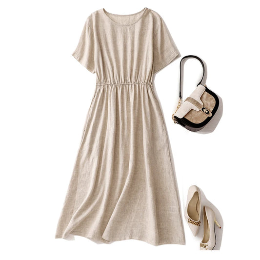 https://ae01.alicdn.com/kf/S78e3c0f452eb4d469e94088ca1f1a283W/Solid-Color-Cotton-Linen-Short-sleeved-Round-Neck-dress-Waist-Women-s-Summer-New-Korean-style.jpg