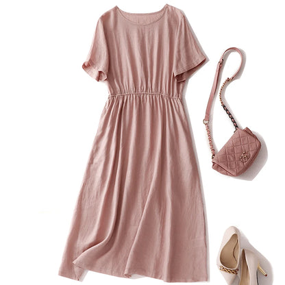 https://ae01.alicdn.com/kf/Seaaa9a44b0be45f59701abf39c24c70dx/Solid-Color-Cotton-Linen-Short-sleeved-Round-Neck-dress-Waist-Women-s-Summer-New-Korean-style.jpg